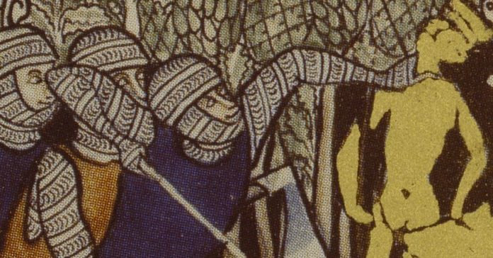 Gideon und seine Männer werfen den Baalsaltar um. Gideon opfert einen Stier (nach Richter 6,25–27), fz. Buchmalerei, 13. Jahrhundert (Detail). Bild: AKG