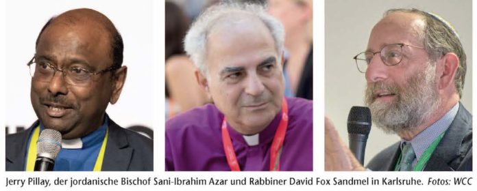 Jerry Pillay, der jordanische Bischof Sani-Ibrahim Azar und Rabbiner David Fox Sandmel in Karlsruhe. Fotos: WCC