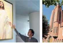 „Schlechte Zeit trennt Spreu vom Weizen“ Propst Kristjan Luhamets vor dem Christusgemälde von Aapo Pukk in der Pauluskirche in Tartu sowie Blick auf den Turm dieses Gotteshauses. Fotos: Borée