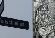 Holprige Reime eines unruhigen Geistes Teuschleinstraße am Rande des Rothenburger „Dichterviertels“. Johannes Teuschlein (knieend mit seinem wohl einzig erhaltendem Porträt) überreicht dem Würzburger Bischof Lorenz von Bibra († 1519) ein Werk. Fotos: Borée/Rückseite des Titelblattes, Thüringer Universitäts- und Landesbibliothek Jena; Repro: Rupp.