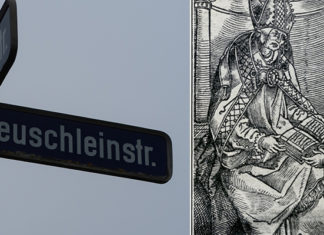 Holprige Reime eines unruhigen Geistes Teuschleinstraße am Rande des Rothenburger „Dichterviertels“. Johannes Teuschlein (knieend mit seinem wohl einzig erhaltendem Porträt) überreicht dem Würzburger Bischof Lorenz von Bibra († 1519) ein Werk. Fotos: Borée/Rückseite des Titelblattes, Thüringer Universitäts- und Landesbibliothek Jena; Repro: Rupp.